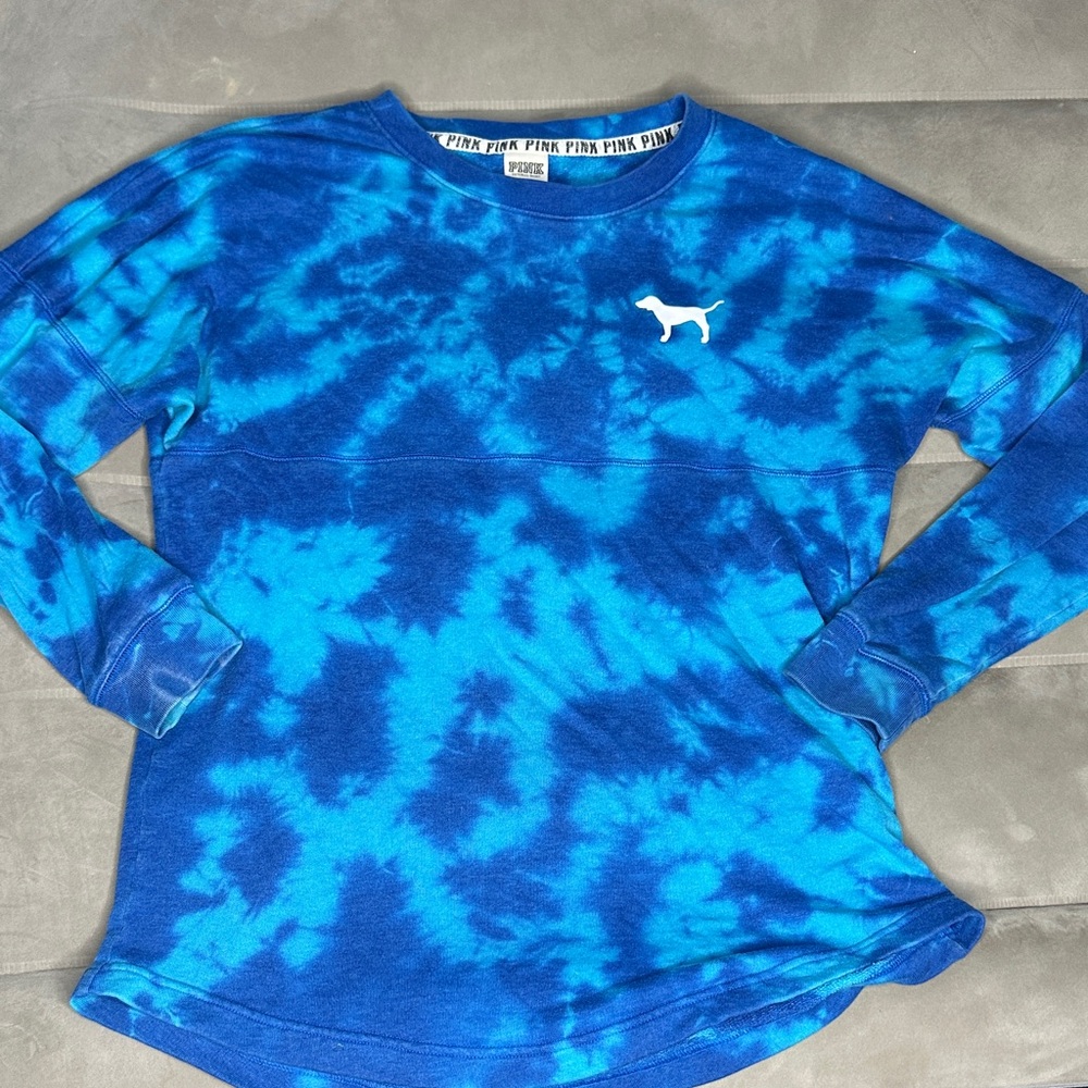 PINK Blue Tie-Dye Over Sized Long Sleeve Shirt Large Back Logo